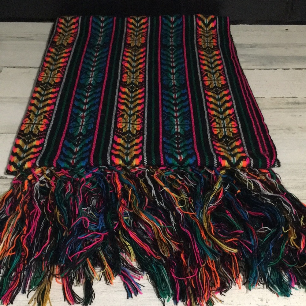 Black pink orange yellow blue green geometric blanket scarf with fringe